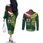 Custom Lebanon And Australia Rugby Couples Matching Off The Shoulder Long Sleeve Dress and Long Sleeve Button Shirt Aussie Kangaroos Lebanese Cedars
