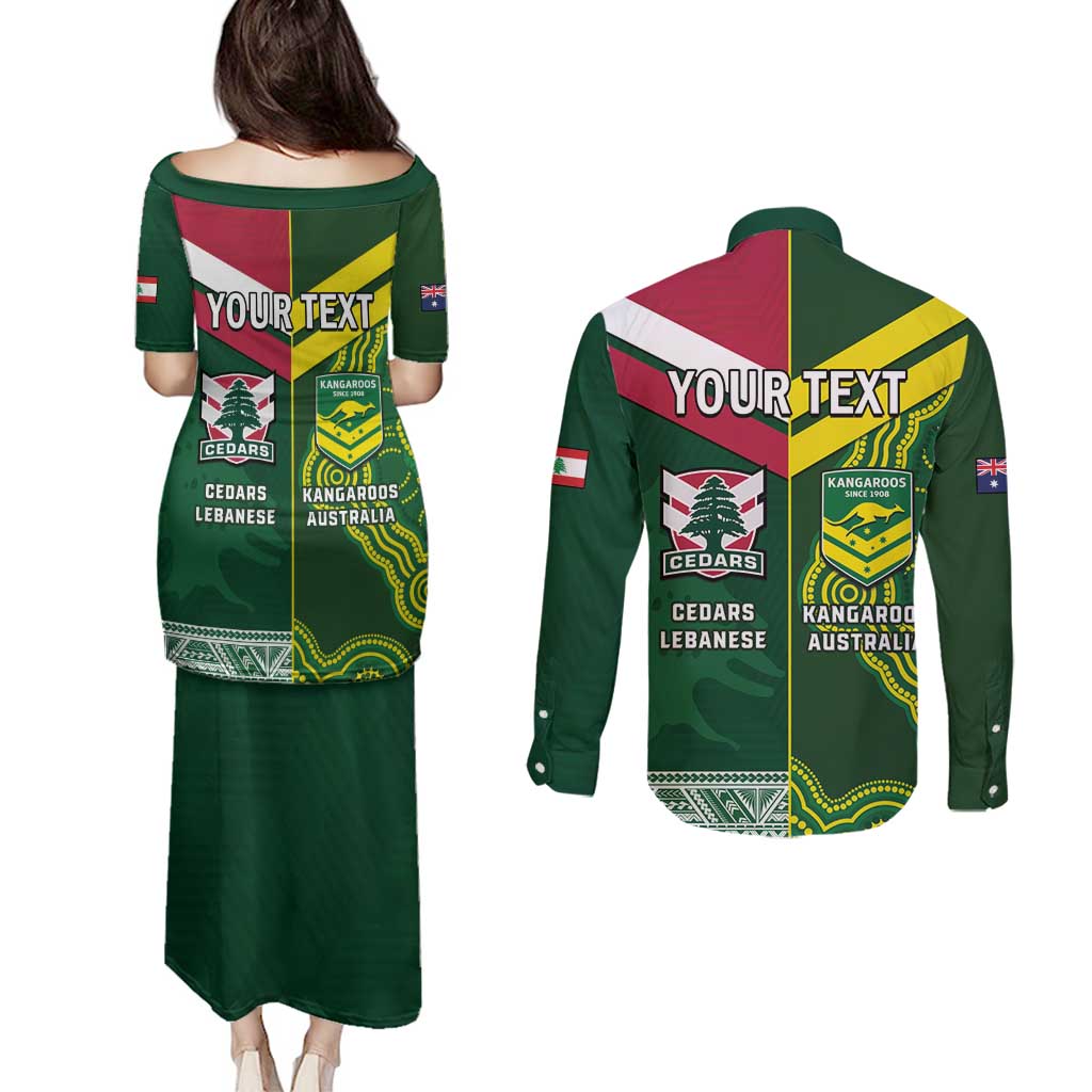 Custom Lebanon And Australia Rugby Couples Matching Puletasi and Long Sleeve Button Shirt Aussie Kangaroos Lebanese Cedars
