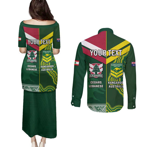 Custom Lebanon And Australia Rugby Couples Matching Puletasi and Long Sleeve Button Shirt Aussie Kangaroos Lebanese Cedars