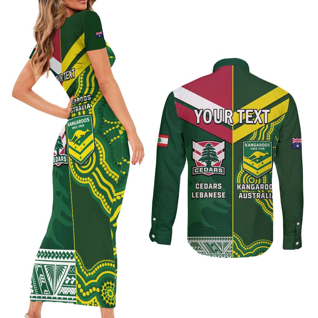 Custom Lebanon And Australia Rugby Couples Matching Short Sleeve Bodycon Dress and Long Sleeve Button Shirt Aussie Kangaroos Lebanese Cedars