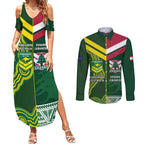 Custom Lebanon And Australia Rugby Couples Matching Summer Maxi Dress and Long Sleeve Button Shirt Aussie Kangaroos Lebanese Cedars