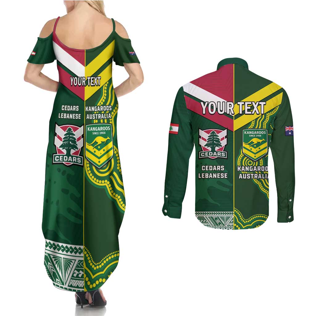 Custom Lebanon And Australia Rugby Couples Matching Summer Maxi Dress and Long Sleeve Button Shirt Aussie Kangaroos Lebanese Cedars