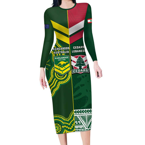 Custom Lebanon And Australia Rugby Family Matching Long Sleeve Bodycon Dress and Hawaiian Shirt Aussie Kangaroos Lebanese Cedars