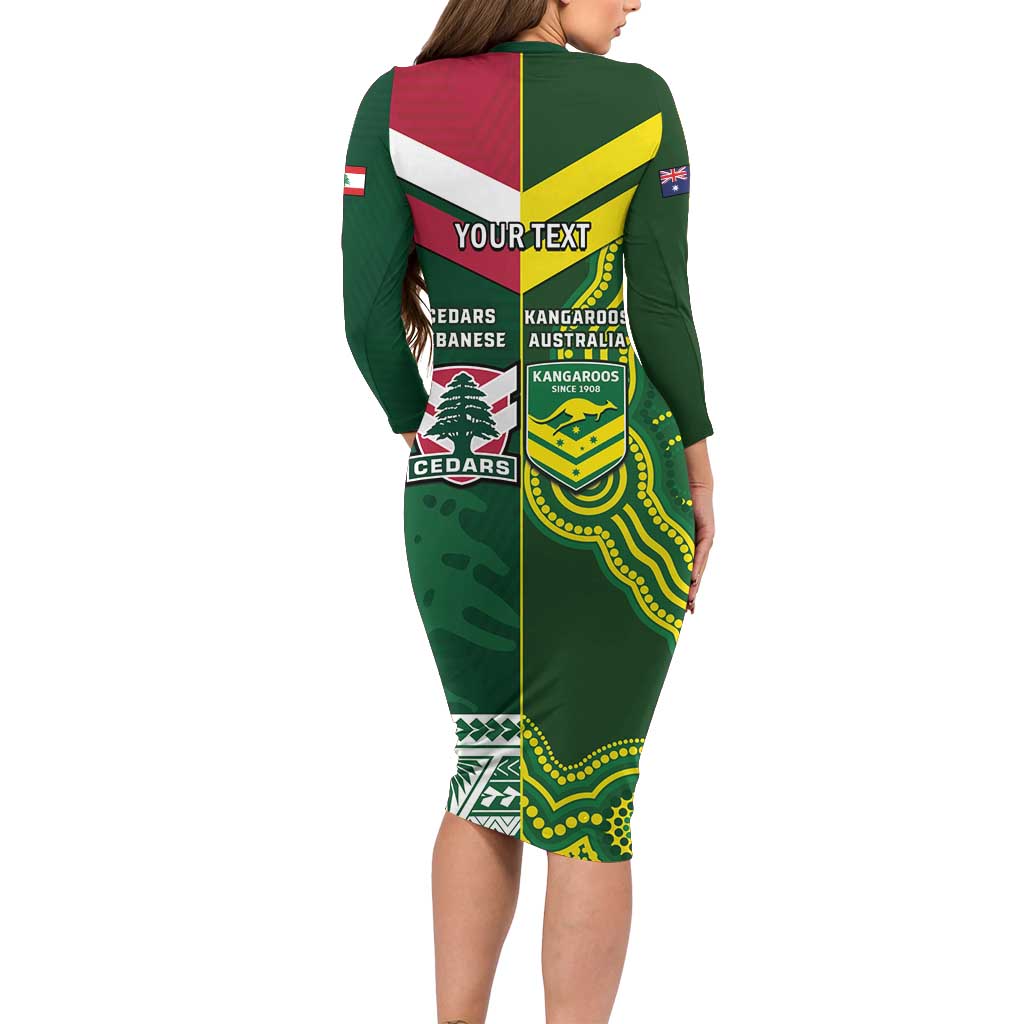 Custom Lebanon And Australia Rugby Family Matching Long Sleeve Bodycon Dress and Hawaiian Shirt Aussie Kangaroos Lebanese Cedars