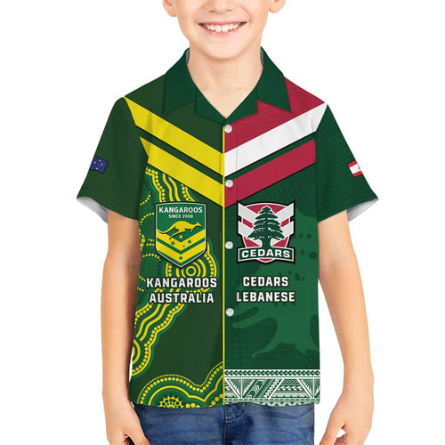 Custom Lebanon And Australia Rugby Family Matching Long Sleeve Bodycon Dress and Hawaiian Shirt Aussie Kangaroos Lebanese Cedars