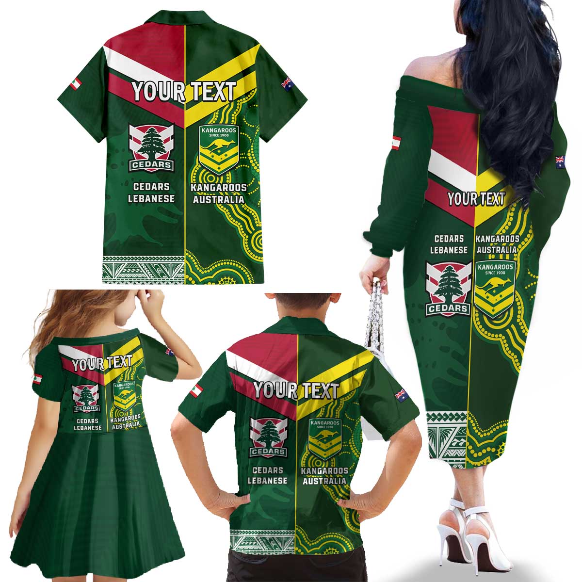 Custom Lebanon And Australia Rugby Family Matching Off The Shoulder Long Sleeve Dress and Hawaiian Shirt Aussie Kangaroos Lebanese Cedars