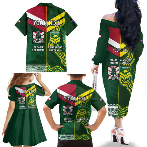 Custom Lebanon And Australia Rugby Family Matching Off The Shoulder Long Sleeve Dress and Hawaiian Shirt Aussie Kangaroos Lebanese Cedars