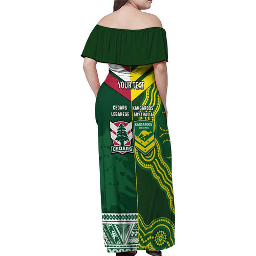 Custom Lebanon And Australia Rugby Family Matching Off Shoulder Maxi Dress and Hawaiian Shirt Aussie Kangaroos Lebanese Cedars