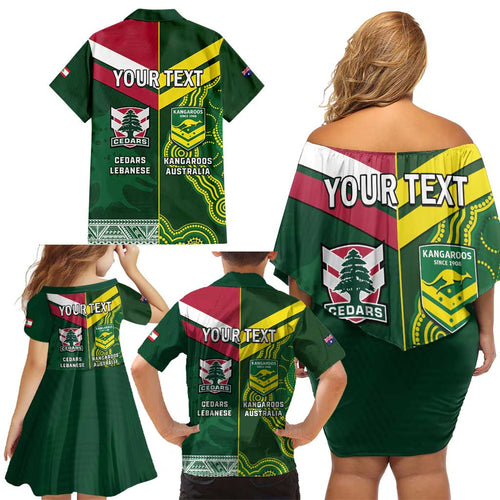 Custom Lebanon And Australia Rugby Family Matching Off Shoulder Short Dress and Hawaiian Shirt Aussie Kangaroos Lebanese Cedars