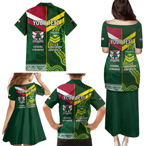 Custom Lebanon And Australia Rugby Family Matching Puletasi and Hawaiian Shirt Aussie Kangaroos Lebanese Cedars