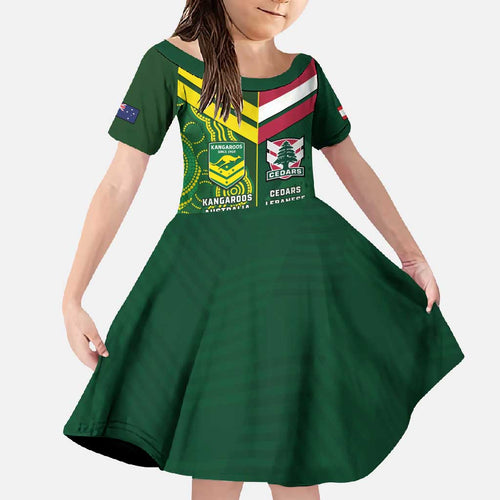 Custom Lebanon And Australia Rugby Family Matching Short Sleeve Bodycon Dress and Hawaiian Shirt Aussie Kangaroos Lebanese Cedars