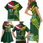 Custom Lebanon And Australia Rugby Family Matching Short Sleeve Bodycon Dress and Hawaiian Shirt Aussie Kangaroos Lebanese Cedars