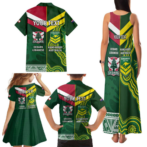 Custom Lebanon And Australia Rugby Family Matching Tank Maxi Dress and Hawaiian Shirt Aussie Kangaroos Lebanese Cedars
