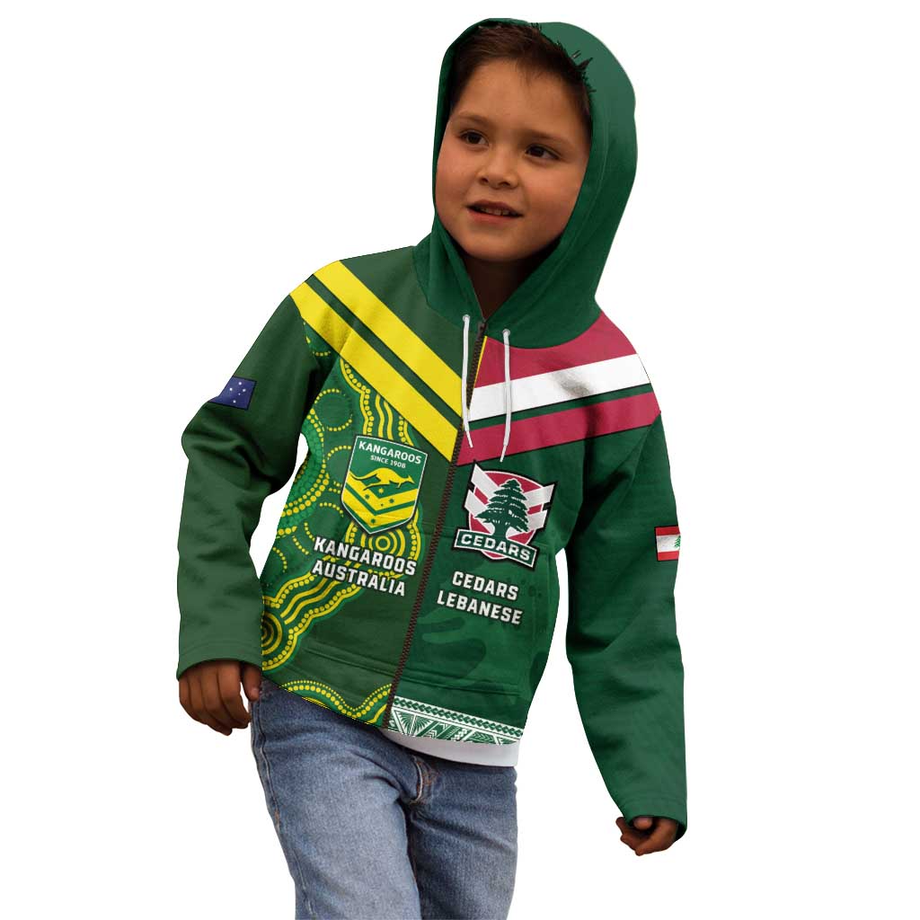 Custom Lebanon And Australia Rugby Kid Hoodie Aussie Kangaroos Lebanese Cedars