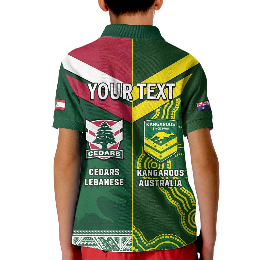 Custom Lebanon And Australia Rugby Kid Polo Shirt Aussie Kangaroos Lebanese Cedars