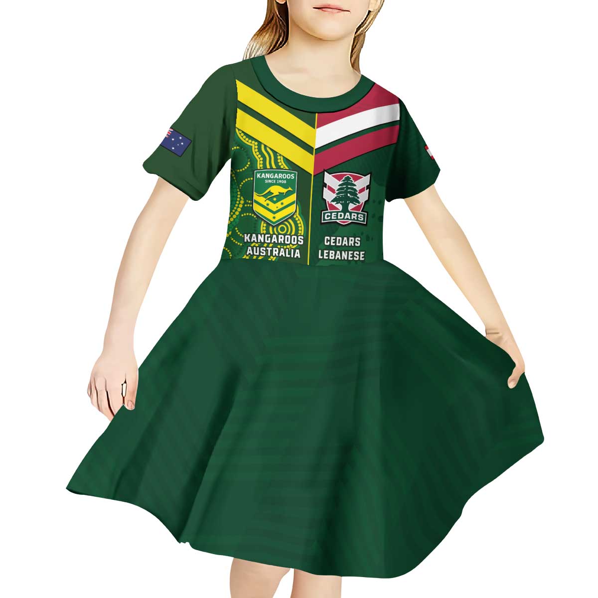 Custom Lebanon And Australia Rugby Kid Short Sleeve Dress Aussie Kangaroos Lebanese Cedars