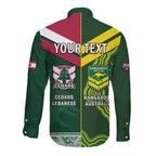 Custom Lebanon And Australia Rugby Long Sleeve Button Shirt Aussie Kangaroos Lebanese Cedars