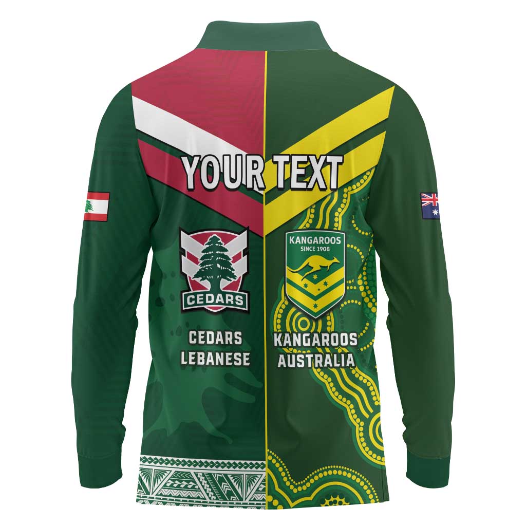 Custom Lebanon And Australia Rugby Long Sleeve Polo Shirt Aussie Kangaroos Lebanese Cedars