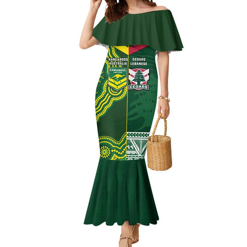 Custom Lebanon And Australia Rugby Mermaid Dress Aussie Kangaroos Lebanese Cedars