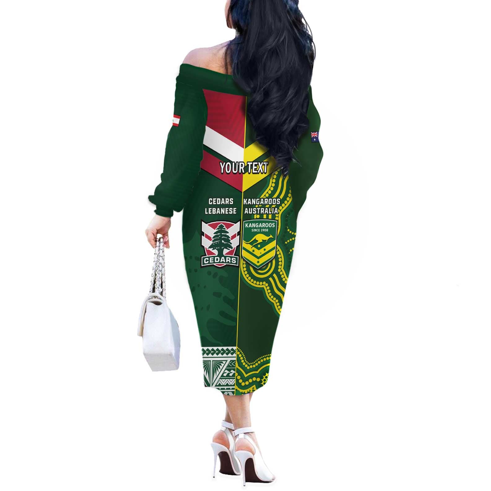 Custom Lebanon And Australia Rugby Off The Shoulder Long Sleeve Dress Aussie Kangaroos Lebanese Cedars