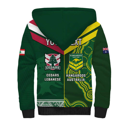 Custom Lebanon And Australia Rugby Sherpa Hoodie Aussie Kangaroos Lebanese Cedars