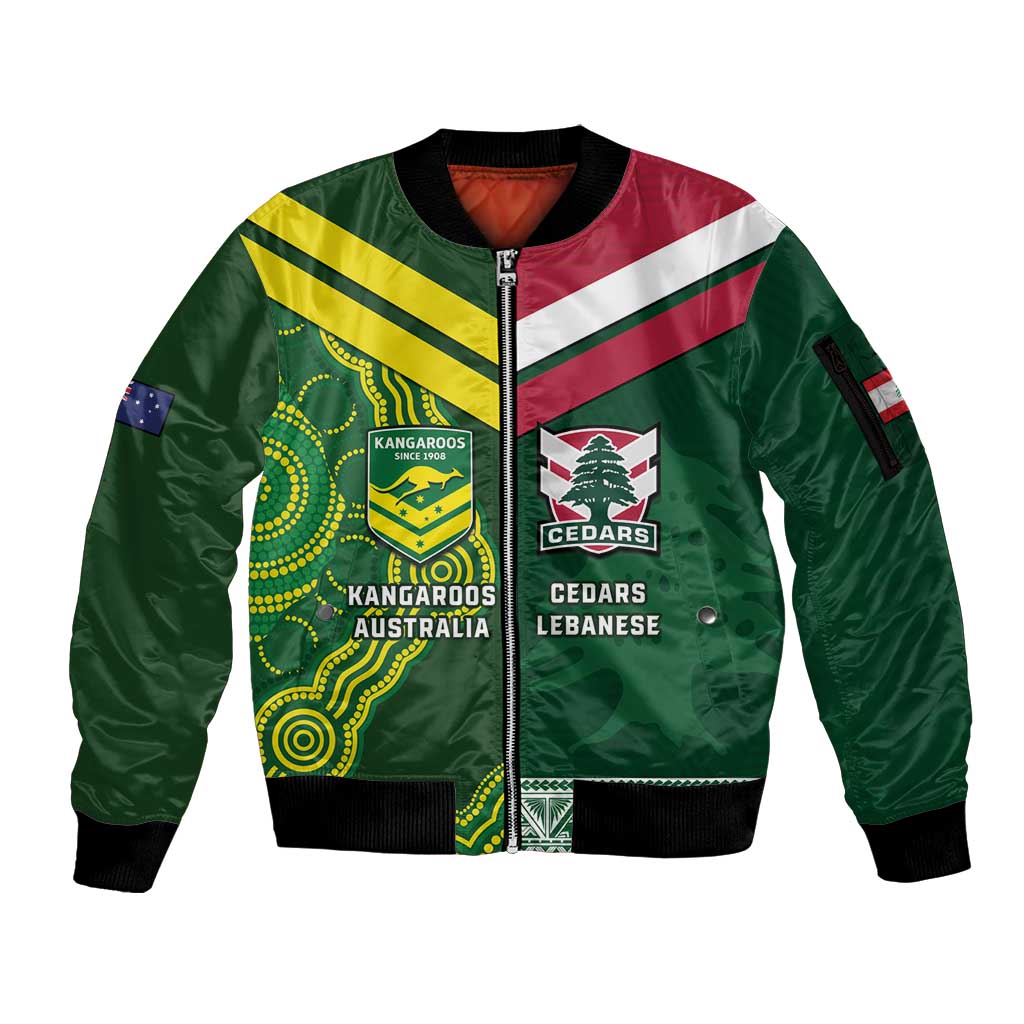 Custom Lebanon And Australia Rugby Sleeve Zip Bomber Jacket Aussie Kangaroos Lebanese Cedars