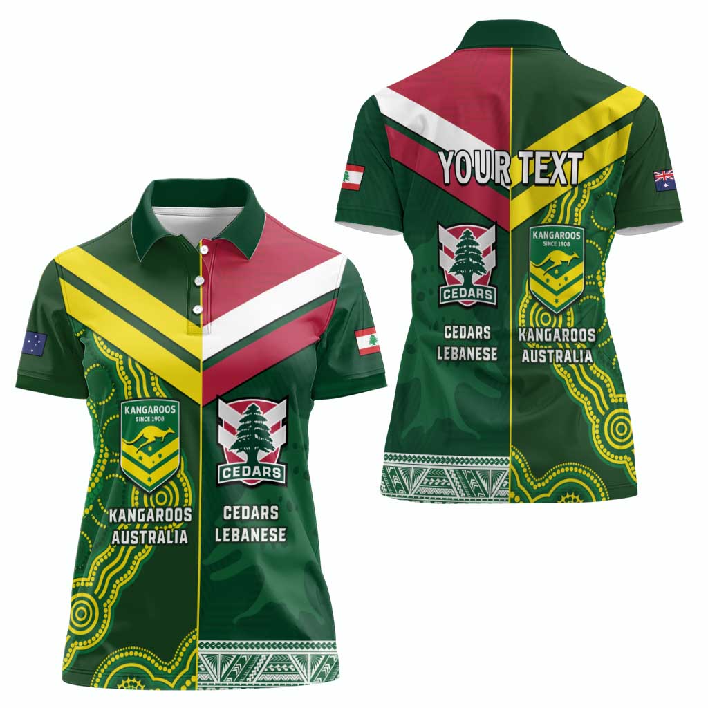 Custom Lebanon And Australia Rugby Women Polo Shirt Aussie Kangaroos Lebanese Cedars