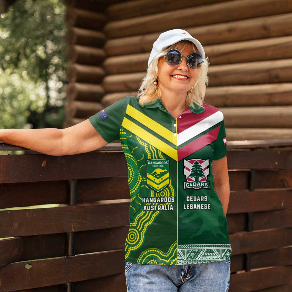 Custom Lebanon And Australia Rugby Women Polo Shirt Aussie Kangaroos Lebanese Cedars