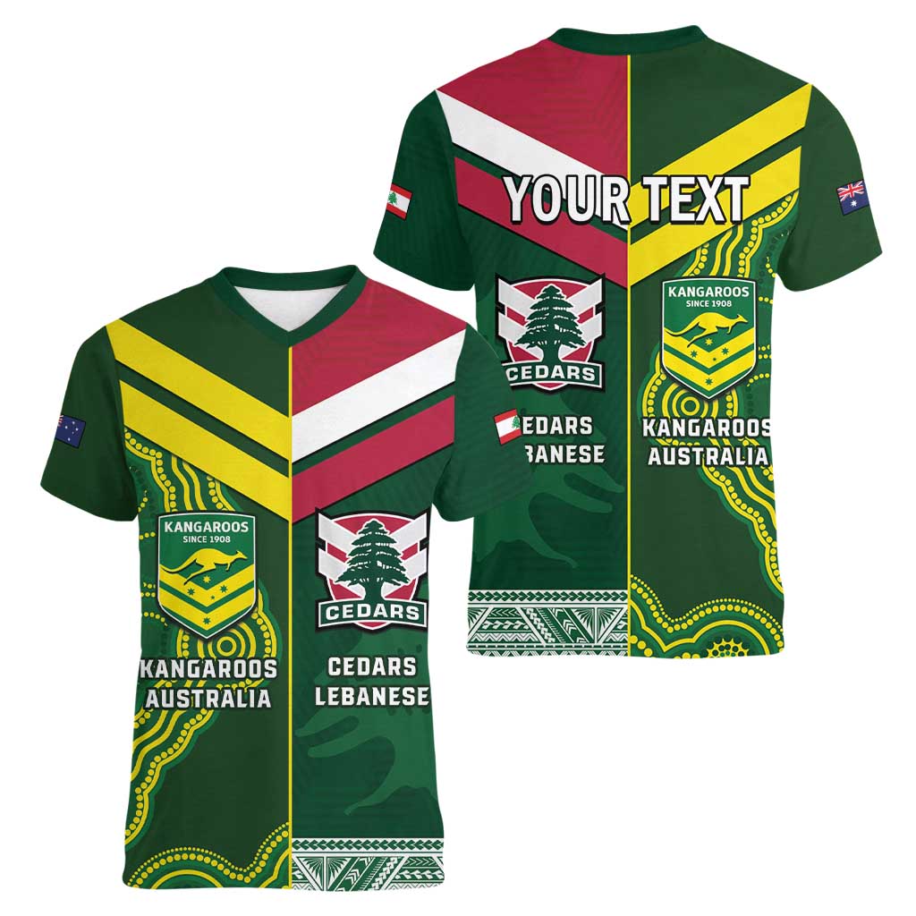 Custom Lebanon And Australia Rugby Women V-Neck T-Shirt Aussie Kangaroos Lebanese Cedars