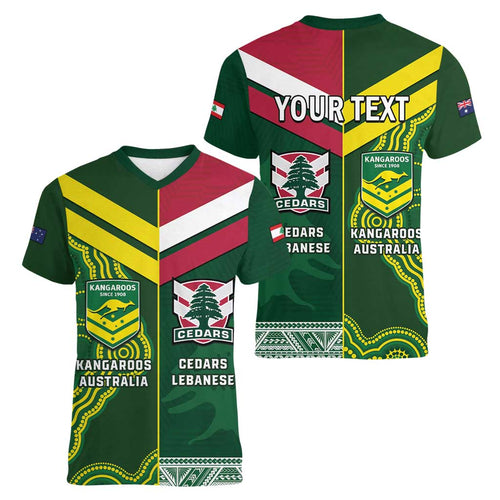 Custom Lebanon And Australia Rugby Women V-Neck T-Shirt Aussie Kangaroos Lebanese Cedars