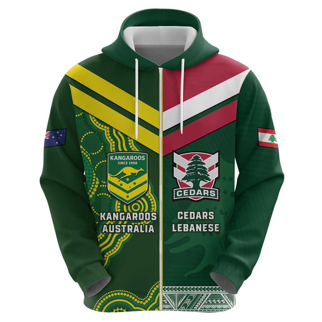 Custom Lebanon And Australia Rugby Zip Hoodie Aussie Kangaroos Lebanese Cedars