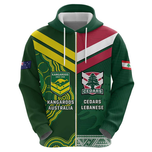 Custom Lebanon And Australia Rugby Zip Hoodie Aussie Kangaroos Lebanese Cedars