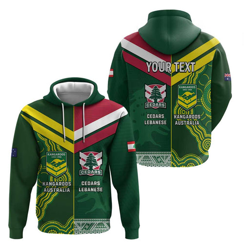 Custom Lebanon And Australia Rugby Zip Hoodie Aussie Kangaroos Lebanese Cedars