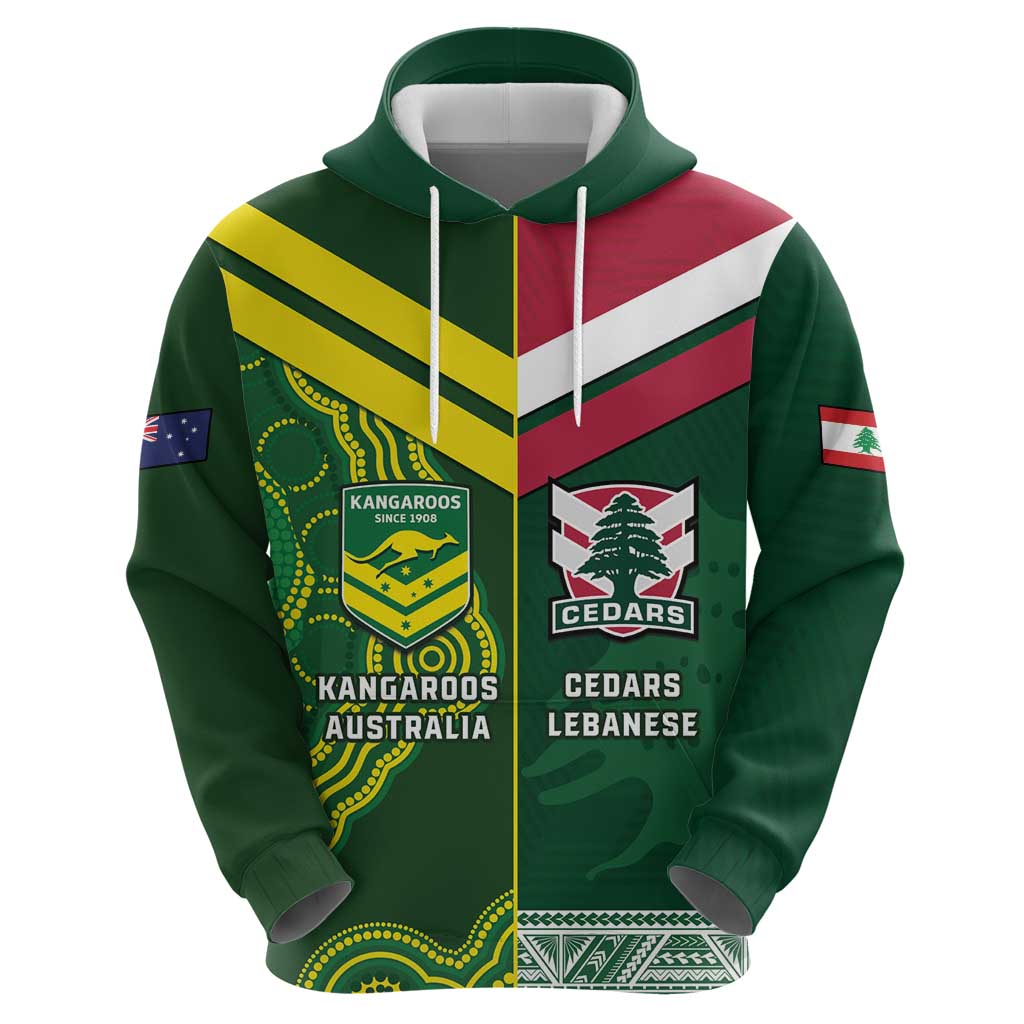 Custom Lebanon And Australia Rugby Zip Hoodie Aussie Kangaroos Lebanese Cedars