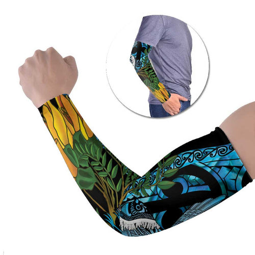 Turquoise New Zealand Kowhai And Piwakawaka Arm Sleeves Maori Ngaru Paua Shell - Aussie Hoodie