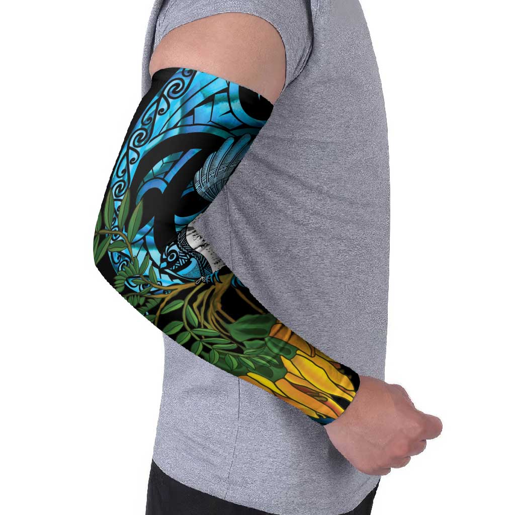Turquoise New Zealand Kowhai And Piwakawaka Arm Sleeves Maori Ngaru Paua Shell - Aussie Hoodie