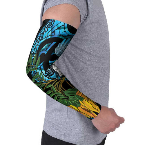 Turquoise New Zealand Kowhai And Piwakawaka Arm Sleeves Maori Ngaru Paua Shell - Aussie Hoodie