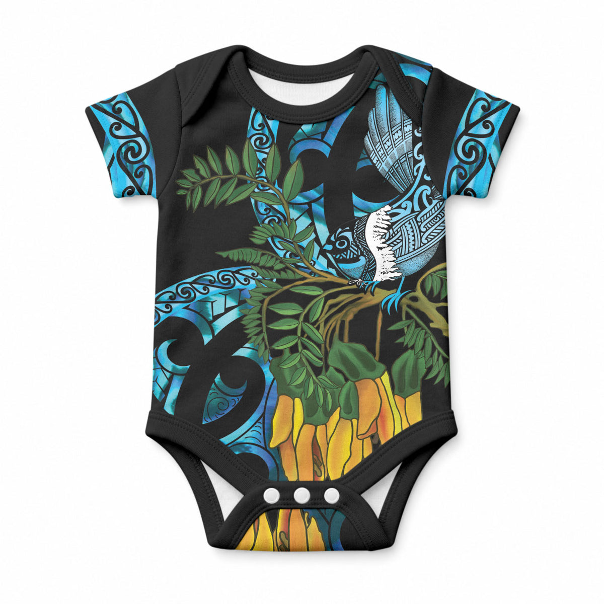 Turquoise New Zealand Kowhai And Piwakawaka Baby Onesie Maori Ngaru Paua Shell