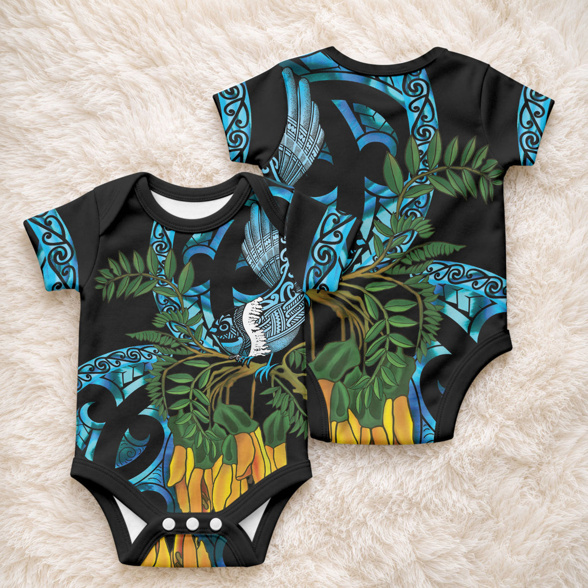 Turquoise New Zealand Kowhai And Piwakawaka Baby Onesie Maori Ngaru Paua Shell
