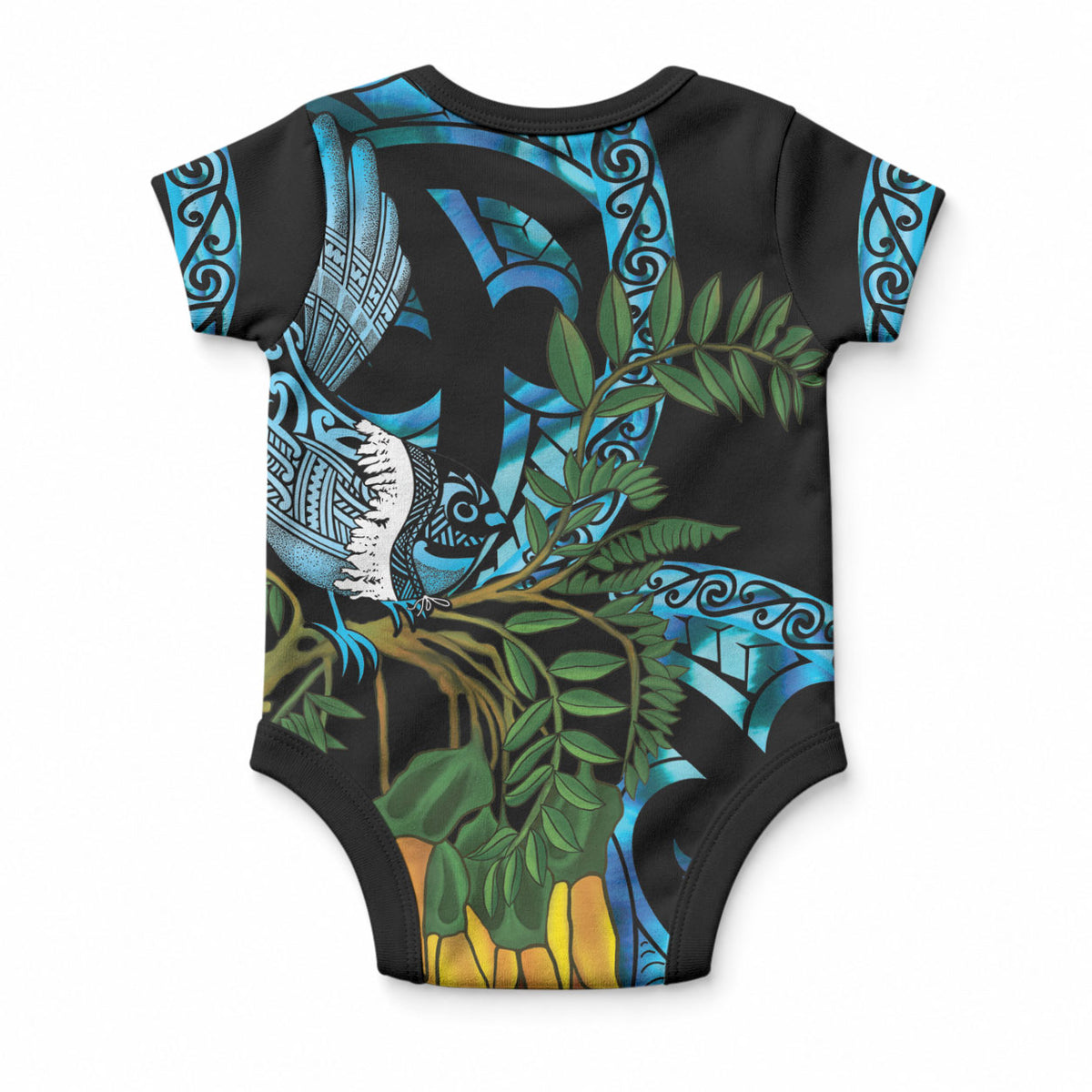 Turquoise New Zealand Kowhai And Piwakawaka Baby Onesie Maori Ngaru Paua Shell