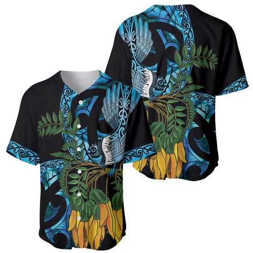Turquoise New Zealand Kowhai And Piwakawaka Baseball Jersey Maori Ngaru Paua Shell