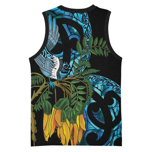 Turquoise New Zealand Kowhai And Piwakawaka Basketball Jersey Maori Ngaru Paua Shell - Aussie Hoodie