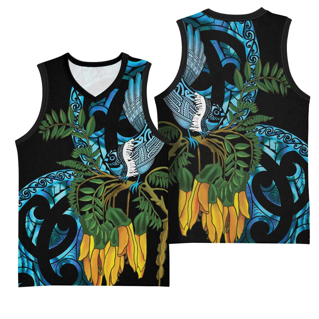 Turquoise New Zealand Kowhai And Piwakawaka Basketball Jersey Maori Ngaru Paua Shell - Aussie Hoodie