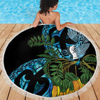 Turquoise New Zealand Kowhai And Piwakawaka Beach Blanket Maori Ngaru Paua Shell