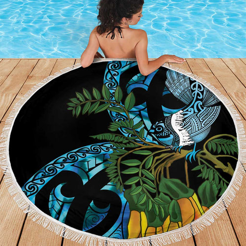 Turquoise New Zealand Kowhai And Piwakawaka Beach Blanket Maori Ngaru Paua Shell