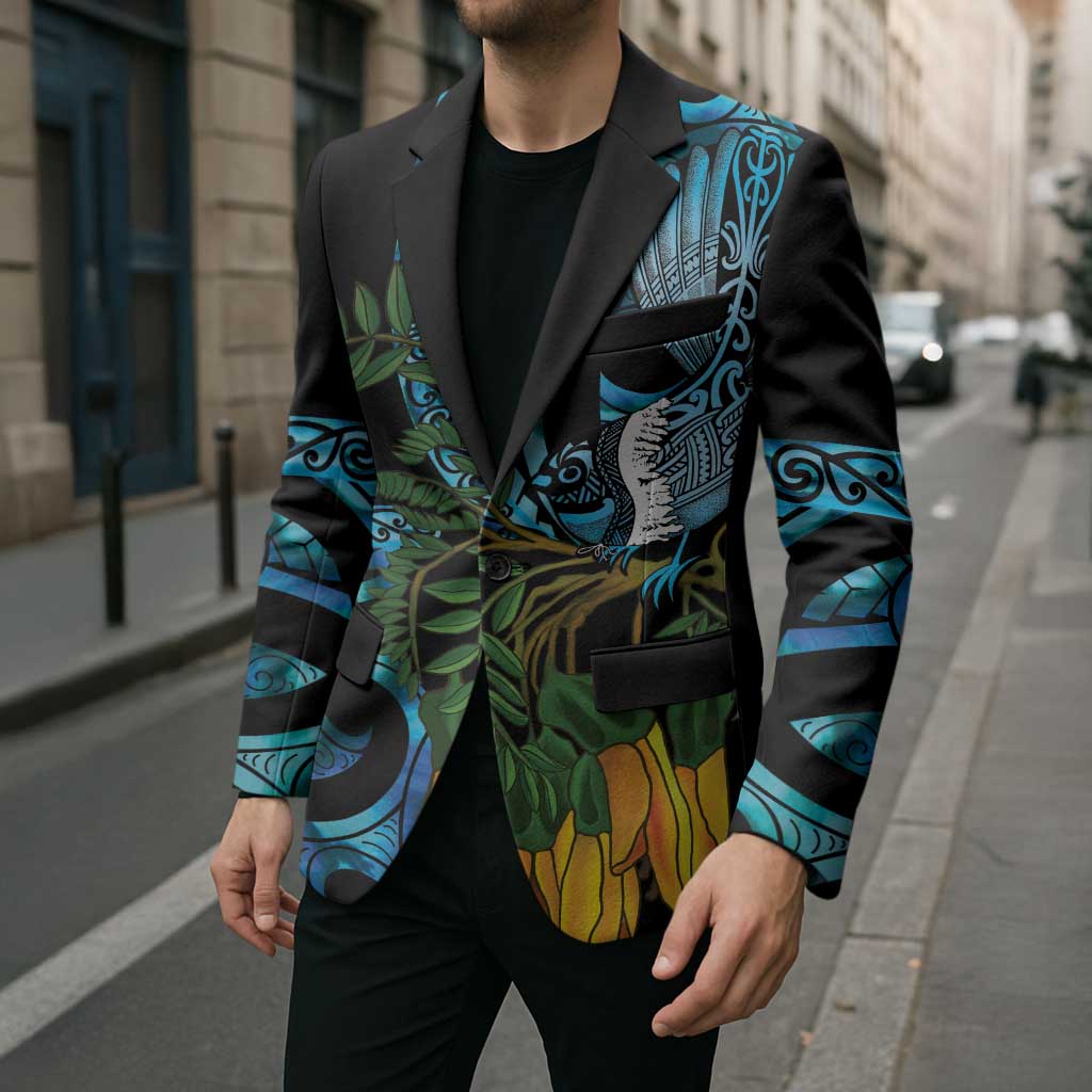 Turquoise New Zealand Kowhai And Piwakawaka Blazer Maori Ngaru Paua Shell - Aussie Hoodie
