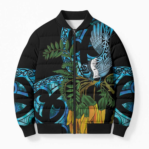 Turquoise New Zealand Kowhai And Piwakawaka Bomber Puffer Jacket Maori Ngaru Paua Shell - Aussie Hoodie