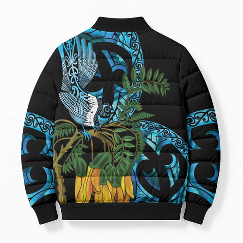 Turquoise New Zealand Kowhai And Piwakawaka Bomber Puffer Jacket Maori Ngaru Paua Shell - Aussie Hoodie