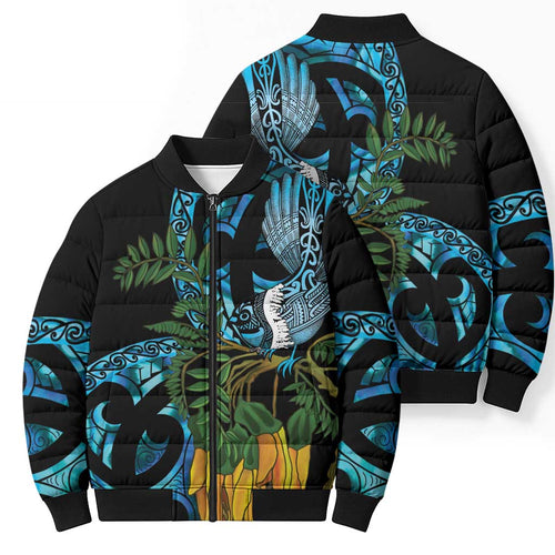 Turquoise New Zealand Kowhai And Piwakawaka Bomber Puffer Jacket Maori Ngaru Paua Shell - Aussie Hoodie