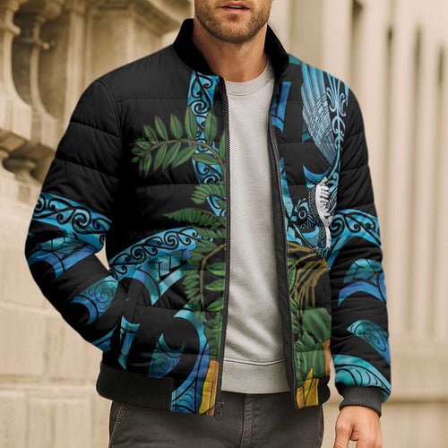 Turquoise New Zealand Kowhai And Piwakawaka Bomber Puffer Jacket Maori Ngaru Paua Shell - Aussie Hoodie